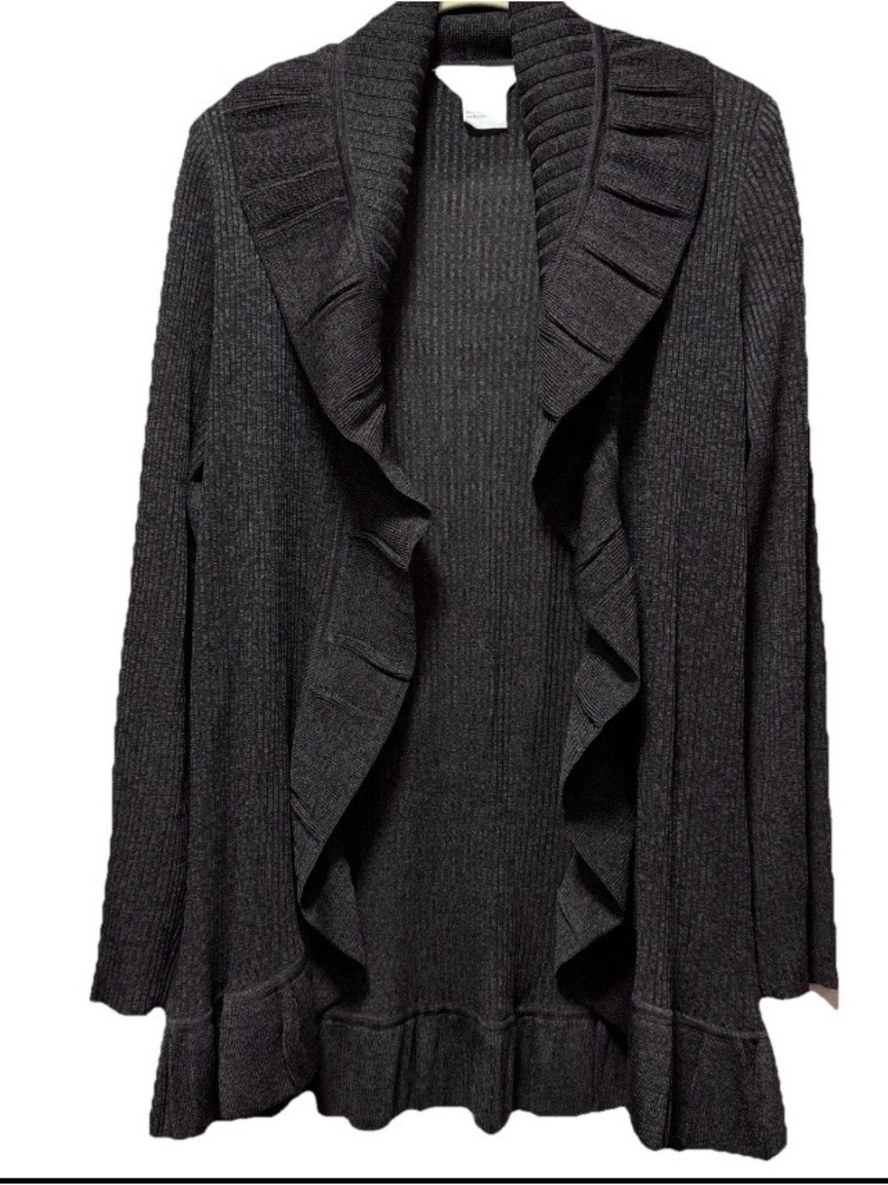 Vintage Exclusively Misook Gray Ruffle Cardigan Sweater M Open Front Ribbed Knit